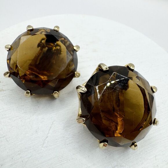 Vintage Smoky Topaz Amber Root beer Glass Large Headlight Clip On Earrings - Picture 1 of 10